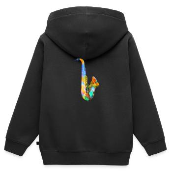 Saxophone, Coloré, Graffiti - Sweat Premium à capuche zippé enfant bio - noir - Dos - AI Model Kid Male (0cm)