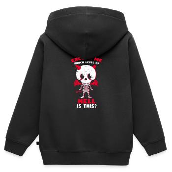 Entschuldigung. Welches Höllen Level ist das hier? - Kinder Premium Organic Zip Hoodie - Schwarz - Hinten - AI Model Kid Male (0cm)