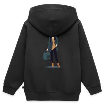 Eine reisende Frau in modischer Kleidung - Kinder Premium Organic Zip Hoodie - Schwarz - Hinten - AI Model Kid Male (0cm)