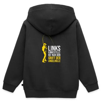 Links eingestellt ist nur der Griff der Angelrolle - Kinder Premium Organic Zip Hoodie - Schwarz - Hinten - AI Model Kid Male (0cm)