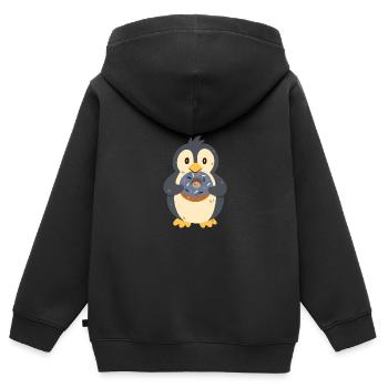 Pingouin avec beignet - Sweat Premium à capuche zippé enfant bio - noir - Dos - AI Model Kid Male (0cm)
