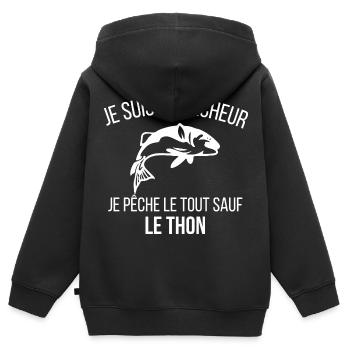Je suis un pêcheur je pêche le tout sauf le thon - Sweat Premium à capuche zippé enfant bio - noir - Dos - AI Model Kid Male (0cm)