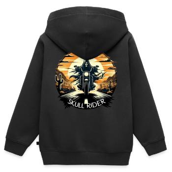 SKULL RIDER: WÜSTENABENTEUER BEI SONNENUNTERGANG - Kinder Premium Organic Zip Hoodie - Schwarz - Hinten - AI Model Kid Male (0cm)