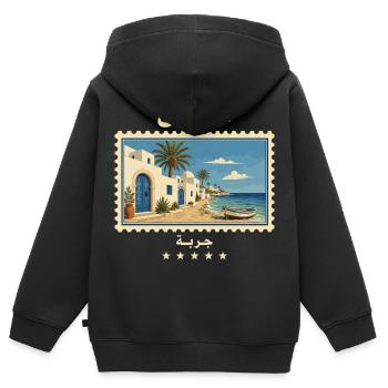 Tunisie Djerba Marque de Voyage Vintage - Sweat Premium à capuche zippé enfant bio - noir - Dos - AI Model Kid Male (0cm)