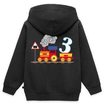 Troisième anniversaire, enfin 3 ans - Sweat Premium à capuche zippé enfant bio - noir - Dos - AI Model Kid Male (0cm)