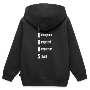 Lukas mit Adjiektive beschrieben - Kinder Premium Organic Zip Hoodie - Schwarz - Hinten - AI Model Kid Male (0cm)