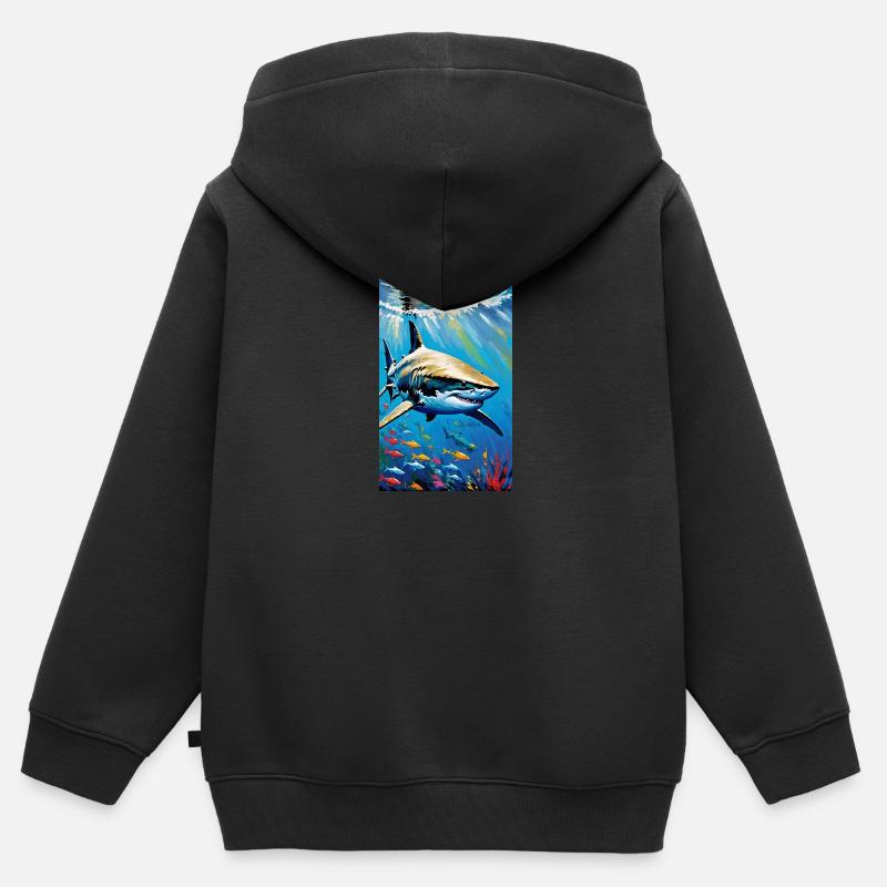 Requin | Grand requin blanc | Créature marine | Poisson - Sweat Premium à capuche zippé enfant bio - noir