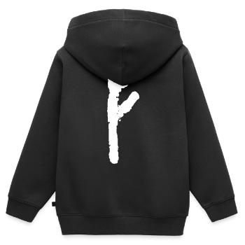 Elder Futhark Rune Fehu - lettre F - Sweat Premium à capuche zippé enfant bio - noir - Dos - AI Model Kid Male (0cm)
