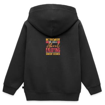 La retraite, c’est profiter de séances de transpiration - Sweat Premium à capuche zippé enfant bio - noir - Dos - AI Model Kid Male (0cm)