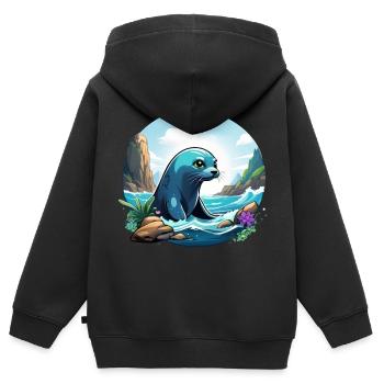 Phoque sur la côte - Sweat Premium à capuche zippé enfant bio - noir - Dos - AI Model Kid Male (0cm)