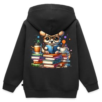Lesen ist mein Hobby: Niedlicher Welpe mit Brille - Kinder Premium Organic Zip Hoodie - Schwarz - Hinten - AI Model Kid Male (0cm)