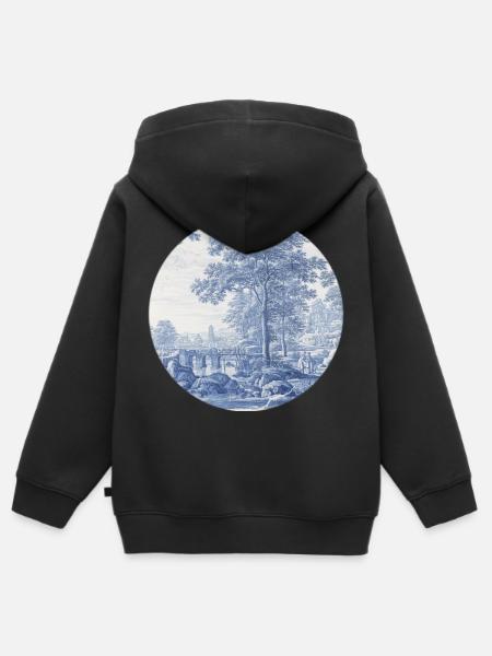 Delft_Blue_Classic_Dutch_Landscape_Ceramic_Art - Kinder Premium Organic Zip Hoodie - Schwarz