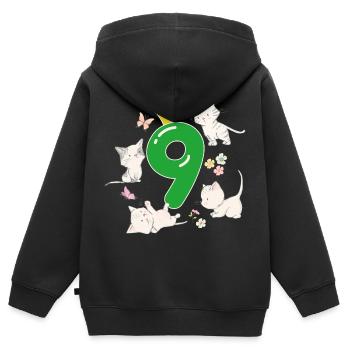 Anniversaire 9 ans jeune fille chat couronne nombre - Sweat Premium à capuche zippé enfant bio - noir - Dos - AI Model Kid Male (0cm)
