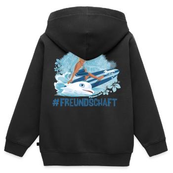 Zoom Der Weiße Delfin Yann Surft Im Meer - Kinder Premium Organic Zip Hoodie - Schwarz - Hinten - AI Model Kid Male (0cm)