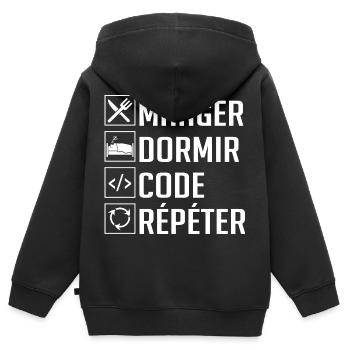 Manger, Dormir, Code, Répéter - Sweat Premium à capuche zippé enfant bio - noir - Dos - AI Model Kid Male (0cm)