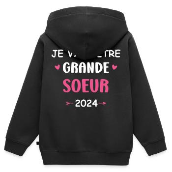 Je vais etre grande soeur 2024 - Sweat Premium à capuche zippé enfant bio - noir - Dos - AI Model Kid Male (0cm)