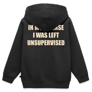 Lustig zu meiner Verteidigung, dass ich unbeaufsichtigt gelassen wurde - Kinder Premium Organic Zip Hoodie - Schwarz - Hinten - AI Model Kid Male (0cm)
