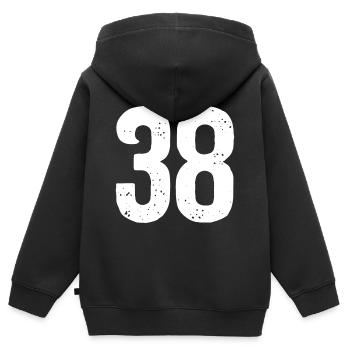 38 Zahlen Weiß - Kinder Premium Organic Zip Hoodie - Schwarz - Hinten - AI Model Kid Male (0cm)
