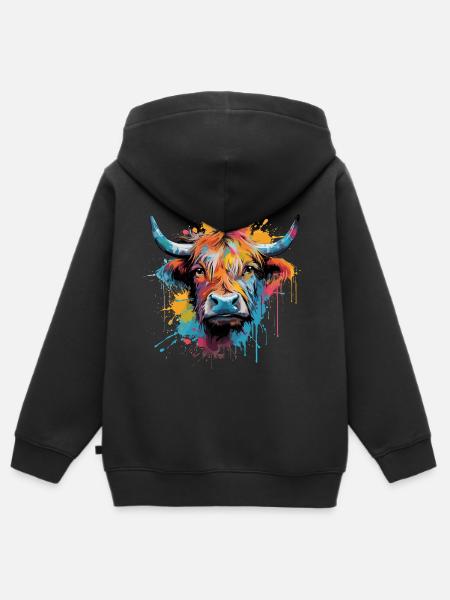Vaca de las Tierras Altas, acuarela - Sudadera Premium con capucha y cremallera infantil orgánica - negro