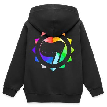REGENBOGEN BUNT ANTIFASCHISTISCH - Kinder Premium Organic Zip Hoodie - Schwarz - Hinten - AI Model Kid Male (0cm)