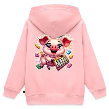 loto, cochon, bingo - Sweat Premium à capuche zippé enfant bio - rose - Dos - AI Model Kid Female (0cm)