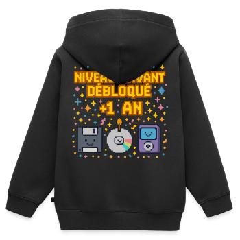 Anniv rétro pixel – Level Up cadeau d'anniversaire - Sweat Premium à capuche zippé enfant bio - noir - Dos - AI Model Kid Male (0cm)