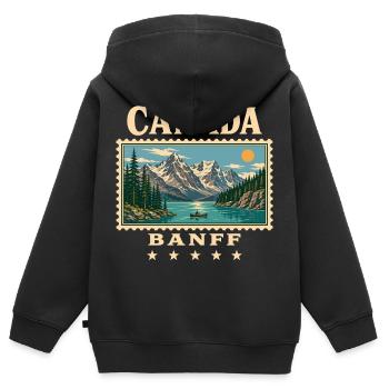 Marque de voyage vintage Banff Canada - Sweat Premium à capuche zippé enfant bio - noir - Dos - AI Model Kid Male (0cm)