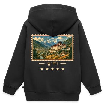 Marque de voyage vintage Bhoutan Paro - Sweat Premium à capuche zippé enfant bio - noir - Dos - AI Model Kid Male (0cm)