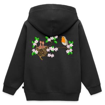 Rouge-gorge, nid, fleur de cerisier - Sweat Premium à capuche zippé enfant bio - noir - Dos - AI Model Kid Male (0cm)