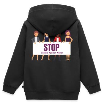 Tshirt stop aux violences conjugales aux femmes - Sweat Premium à capuche zippé enfant bio - noir - Dos - AI Model Kid Male (0cm)