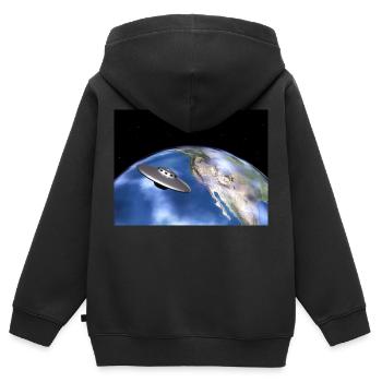 Soucoupe volante et planète Terre - Sweat Premium à capuche zippé enfant bio - noir - Dos - AI Model Kid Male (0cm)