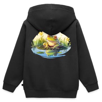 Der grüne Frosch ist eine kleine Amphibie - Kinder Premium Organic Zip Hoodie - Schwarz - Hinten - AI Model Kid Male (0cm)
