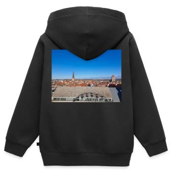 Rostocker Skyline und Altstadt hinter dem Rathaus - Kinder Premium Organic Zip Hoodie - Schwarz - Hinten - AI Model Kid Male (0cm)