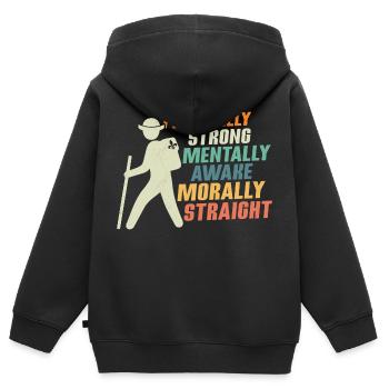 Scout Strength: Physical, Mental, Moral Tee - Kinder Premium Organic Zip Hoodie - Schwarz - Hinten - AI Model Kid Male (0cm)