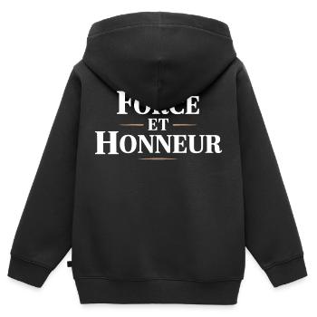 Force et honneur - Sweat Premium à capuche zippé enfant bio - noir - Dos - AI Model Kid Male (0cm)