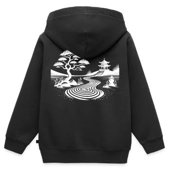 Geometrische Landschaft mit traditionellem Tempel - Kinder Premium Organic Zip Hoodie - Schwarz - Hinten - AI Model Kid Male (0cm)