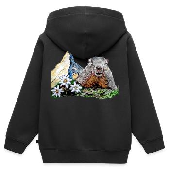 Scherenschnitt Alpen Matterhorn Murmeltier - Kinder Premium Organic Zip Hoodie - Schwarz - Hinten - AI Model Kid Male (0cm)