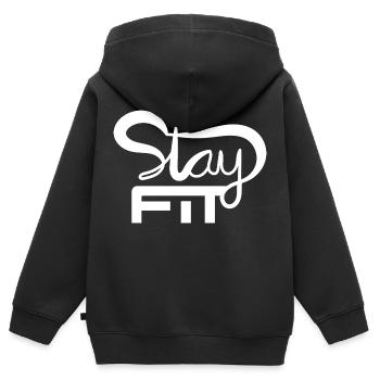 RESTEZ EN FORME ÉCRIT À LA MAIN - Sweat Premium à capuche zippé enfant bio - noir - Dos - AI Model Kid Male (0cm)