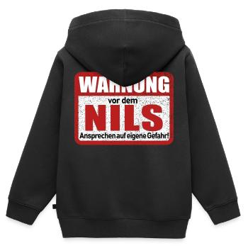 Nils Name Lustiges Warnschild - Kinder Premium Organic Zip Hoodie - Schwarz - Hinten - AI Model Kid Male (0cm)