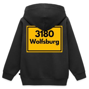 Panneau de lieu - puis rétro ancien code postal 3180 WOLFSBURG - Sweat Premium à capuche zippé enfant bio - noir - Dos - AI Model Kid Male (0cm)