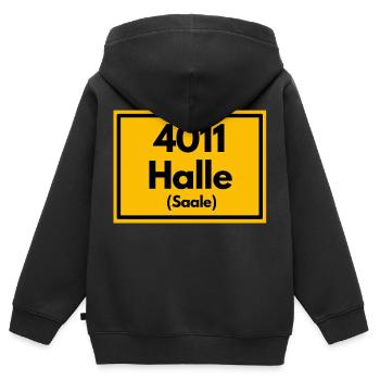 Place sign - then retro old zip code 4011 HALLE - Kids Premium Organic Zip-up Hoodie - black - Back - AI Model Kid Male (0cm)