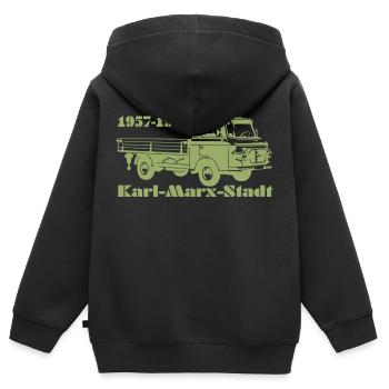 Barkas Pritsche - Kinder Premium Organic Zip Hoodie - Schwarz - Hinten - AI Model Kid Male (0cm)