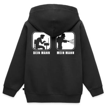 Dein Mann (Büro), Mein Mann (Feuerwehr) - Kinder Premium Organic Zip Hoodie - Schwarz - Hinten - AI Model Kid Male (0cm)