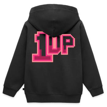 1 Up (lettrage de pixels) - Sweat Premium à capuche zippé enfant bio - noir - Dos - AI Model Kid Male (0cm)