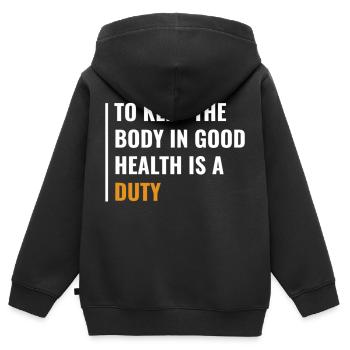Den Körper gesund zu halten, ist eine Pflicht für die Gesundheit - Kinder Premium Organic Zip Hoodie - Schwarz - Hinten - AI Model Kid Male (0cm)