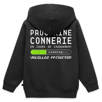 Prochaine Connerie En Cours - Sweat Premium à capuche zippé enfant bio - noir - Dos - AI Model Kid Male (0cm)