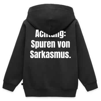 Achtung: Spuren von Sarkasmus. - Kinder Premium Organic Zip Hoodie - Schwarz - Hinten - AI Model Kid Male (0cm)