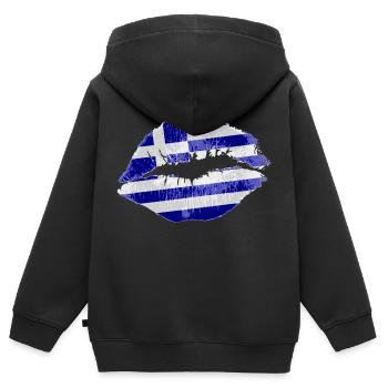 Kiss (Grèce) - Sweat Premium à capuche zippé enfant bio - noir - Dos - AI Model Kid Male (0cm)