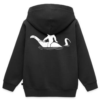 Sasquatch rides NESSIE drôle Bigfoot Loch Ness - Sweat Premium à capuche zippé enfant bio - noir - Dos - AI Model Kid Male (0cm)