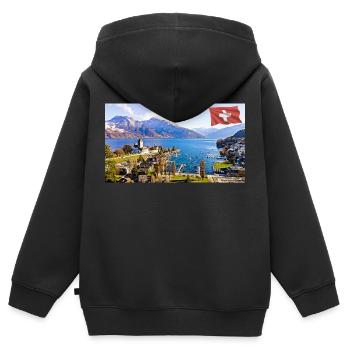 Spiez, Schweiz. - Kinder Premium Organic Zip Hoodie - Schwarz - Hinten - AI Model Kid Male (0cm)